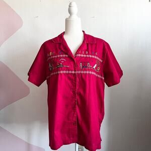 Bobbie Brooks Red Teacher‎ Embroidered Shirt, Whimsical Retro Vintage 14W/18W